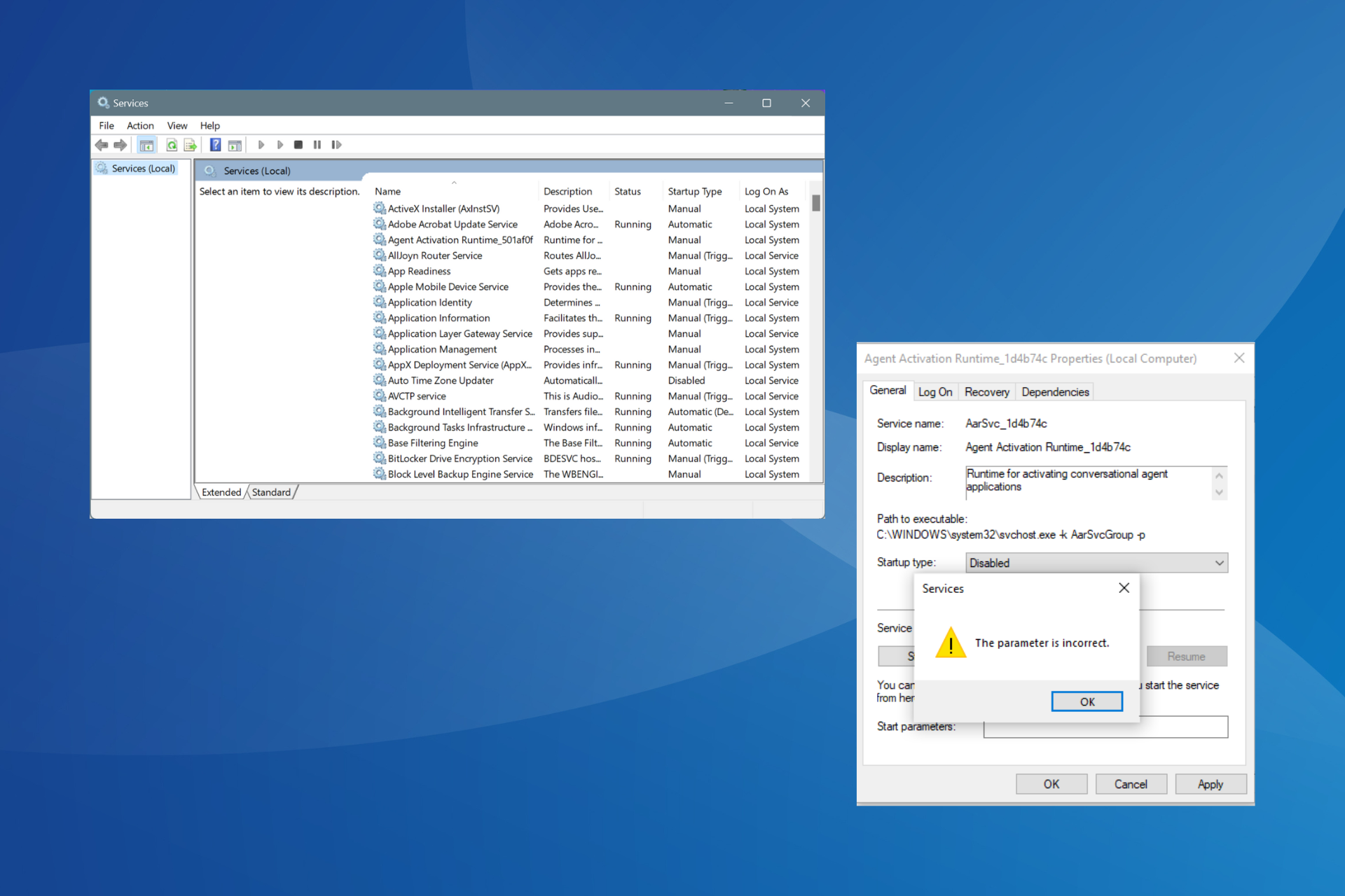 services.msc the parameter is incorrect